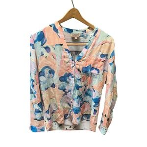 Kachel Floral Silk‎ Blouse Women's Size 6 Peach Blue Watercolor Abstract Anthro